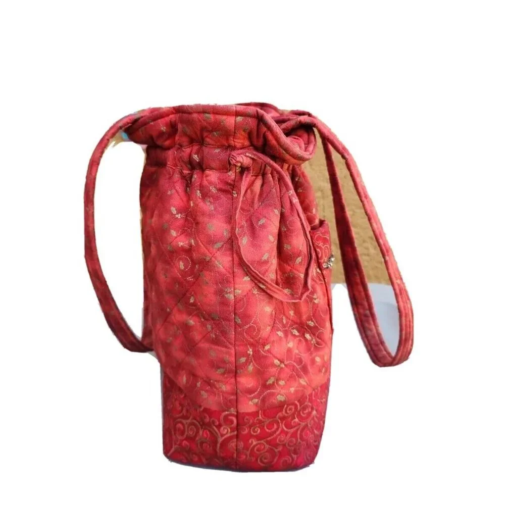 VTG Quilted Red Brick Tie-Dye Drawstring Multi Pocket Arts & Craft Cotton Bag